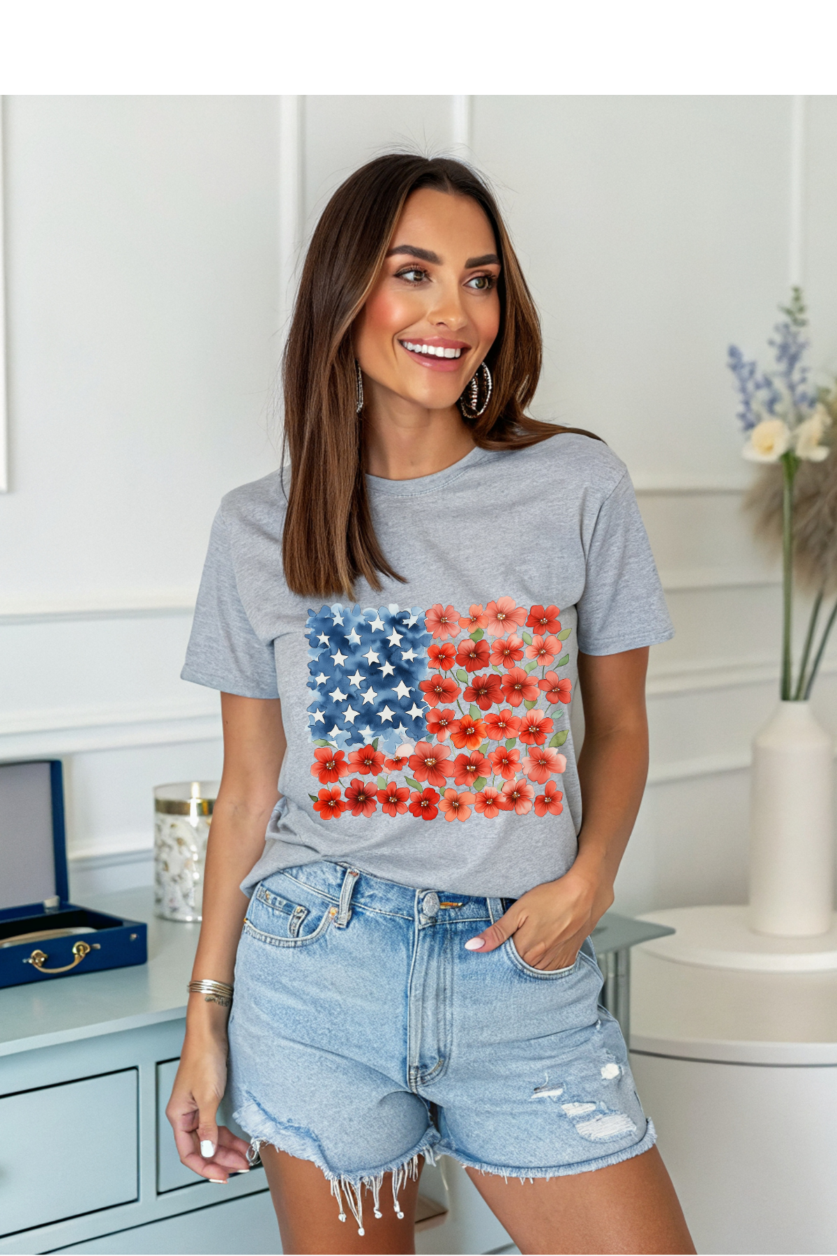 Wholesale 4th of July - Floral Flag #8 - Sports Grey Gildan Tee