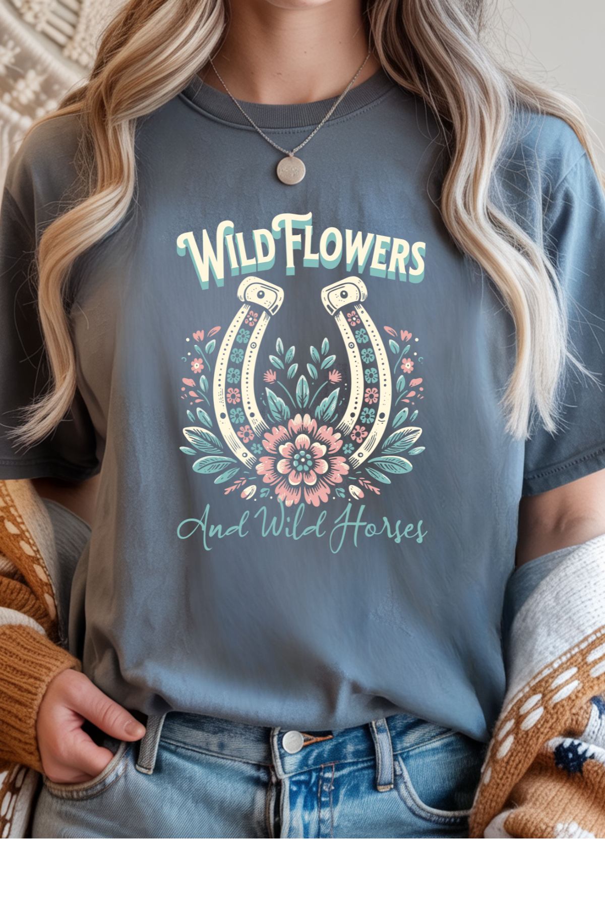 Wholesale Blue Waves - Wild Horses & Flowers #1 - Stone Blue Gildan Tee