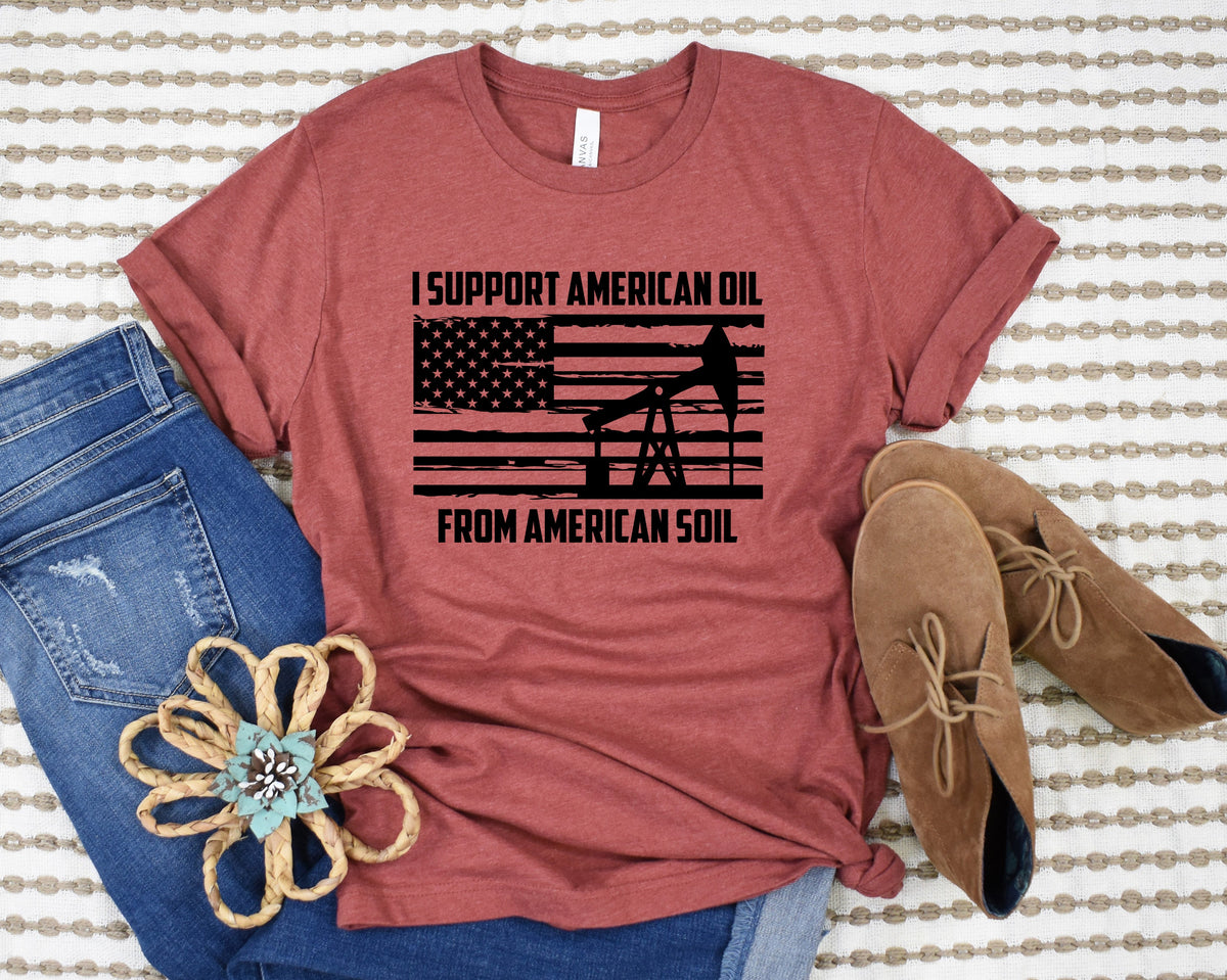 Wholesale Support American Oil Graphic Tee - Heather Clay