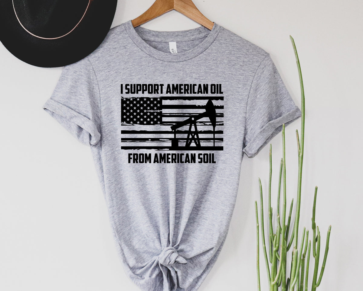 Wholesale Support American Oil Graphic Tee - Heather Grey
