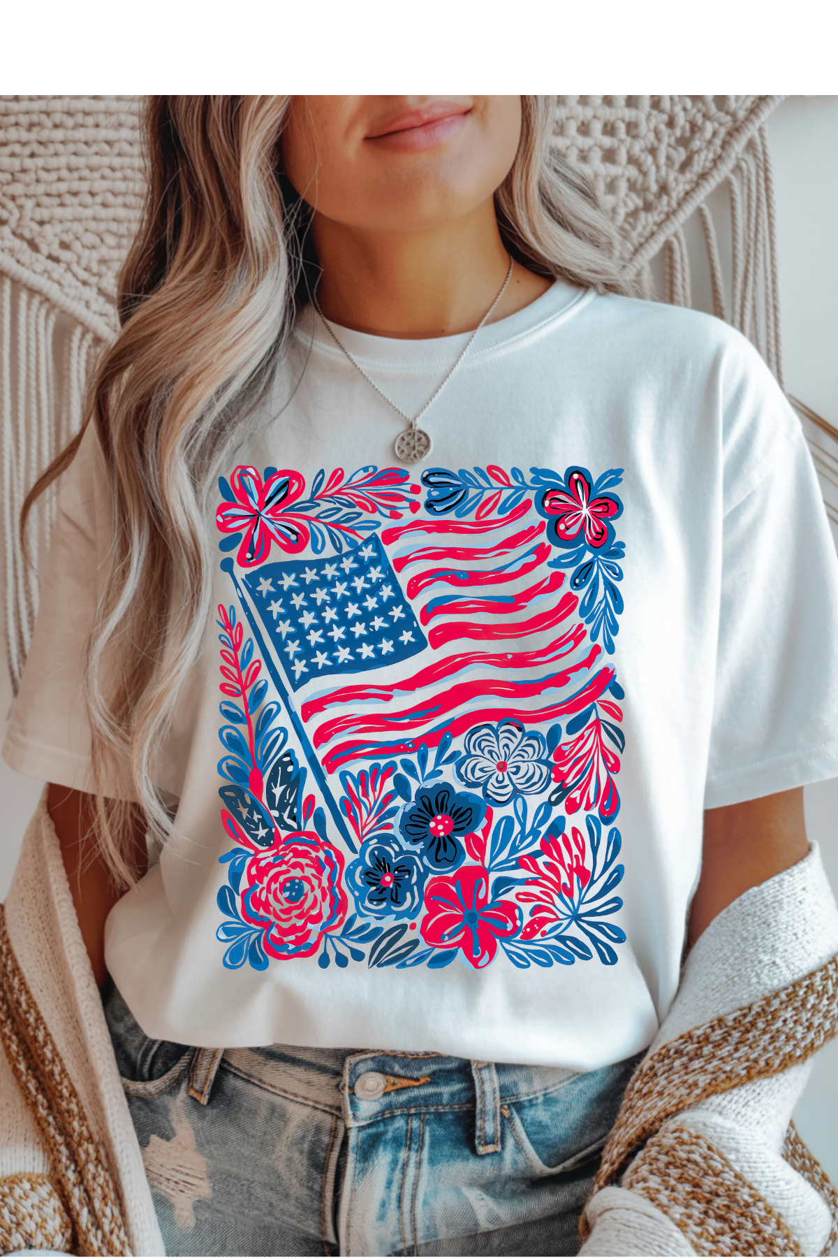 Wholesale Memorial Day - Boho American Flag #4 - White Gildan Tee