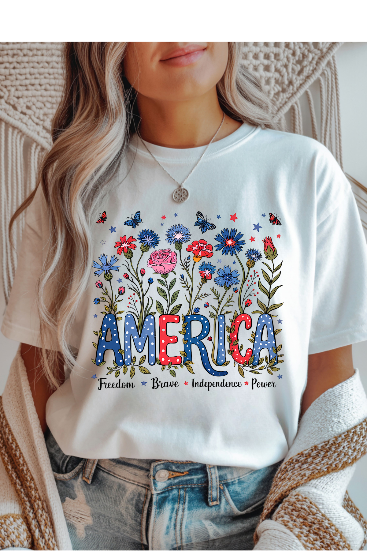 Wholesale Memorial Day - Floral America #5 - White Gildan Tee