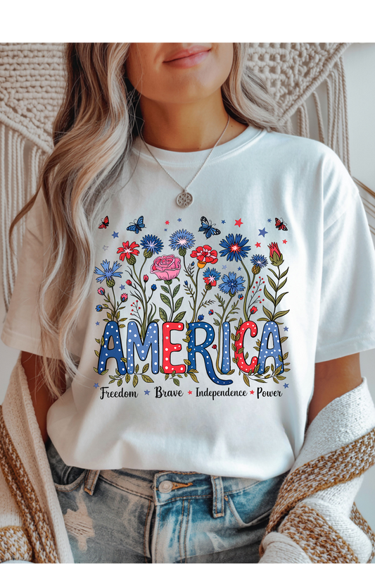 Wholesale Memorial Day - Floral America #5 - White Gildan Tee