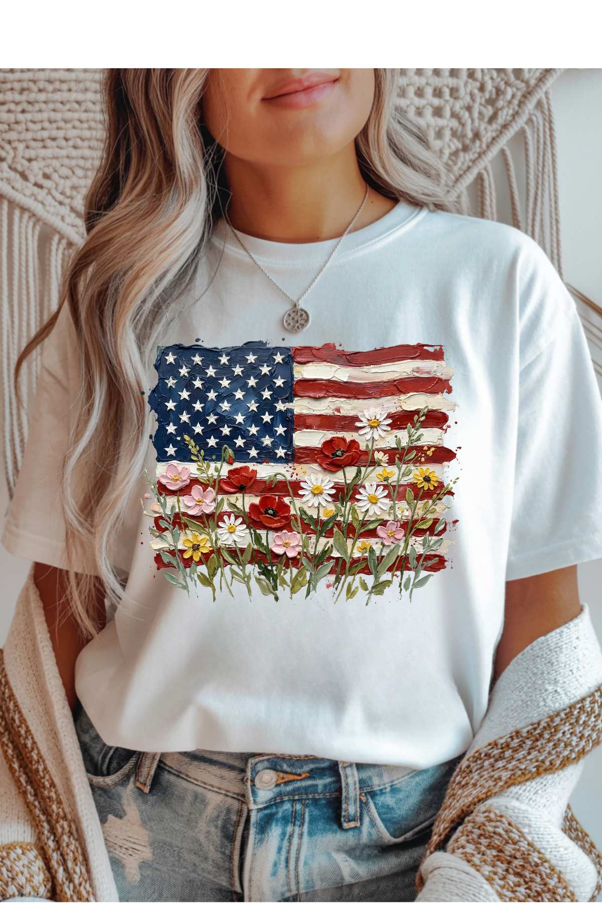 Wholesale Memorial Day - Painted Flag & Florals #8 - White Gildan Tee
