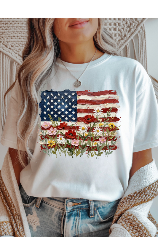 Wholesale Memorial Day - Painted Flag & Florals #8 - White Gildan Tee