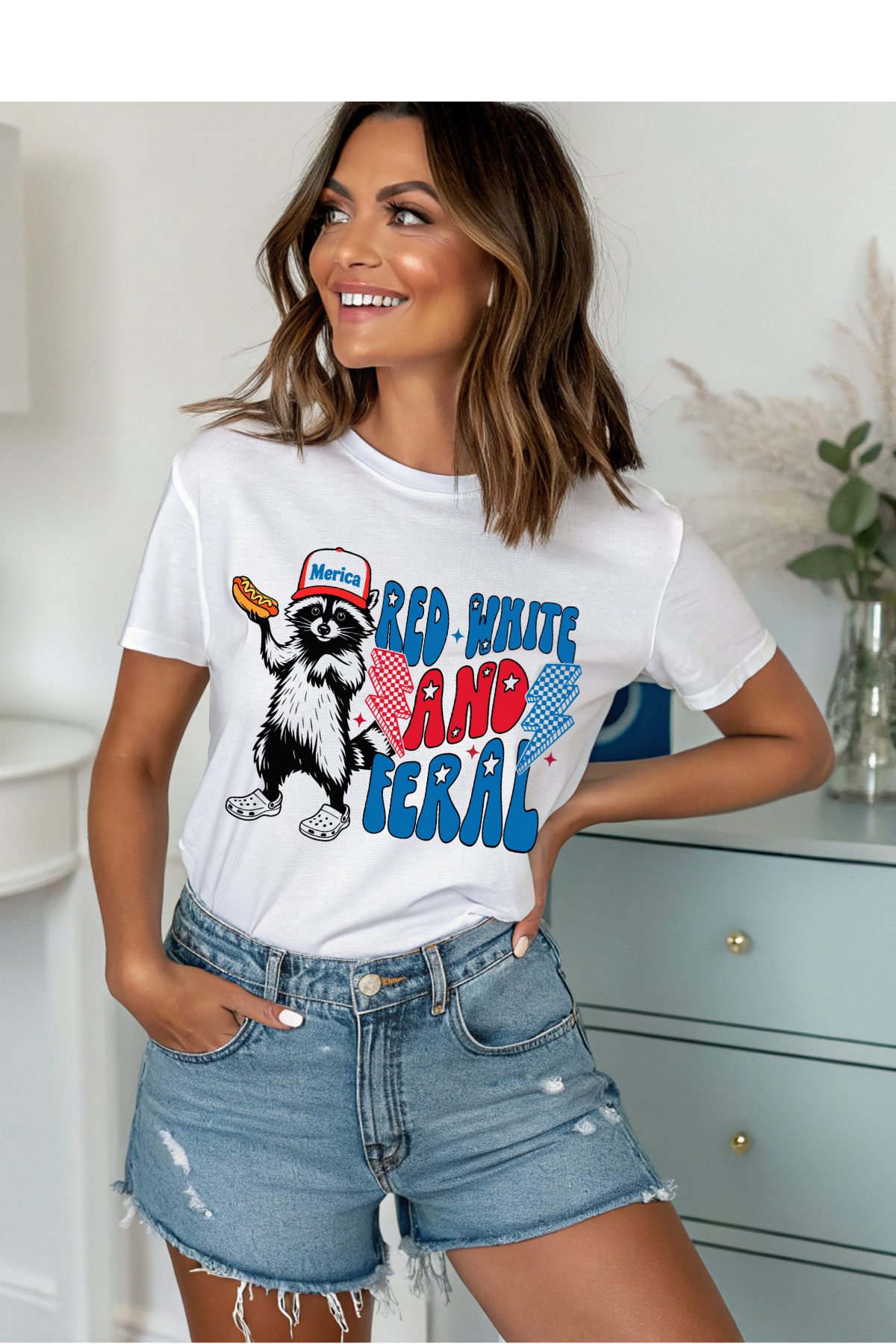Wholesale 4th of July - Red, White & Feral #5 - White Gildan Tee