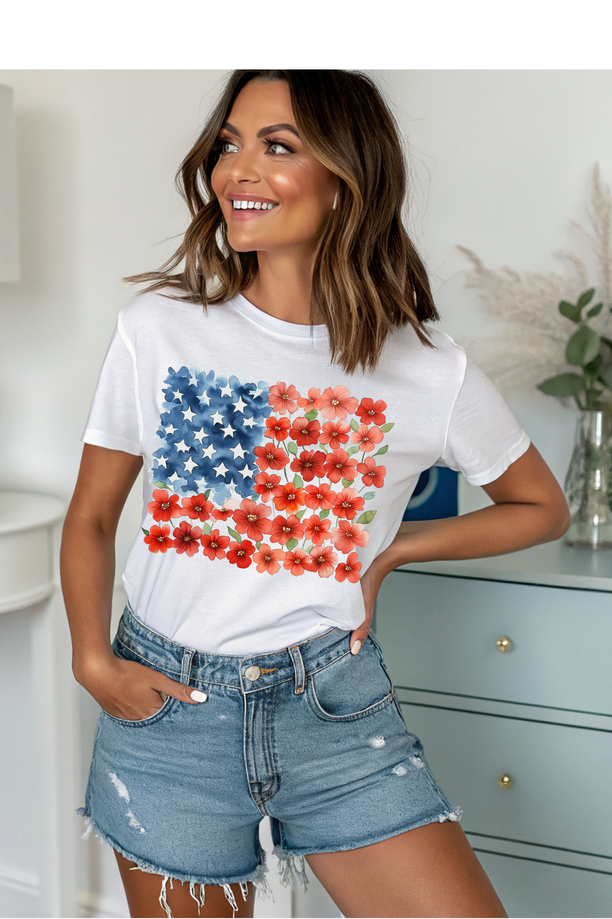 Wholesale 4th of July - Floral Flag #8 - White Gildan Tee