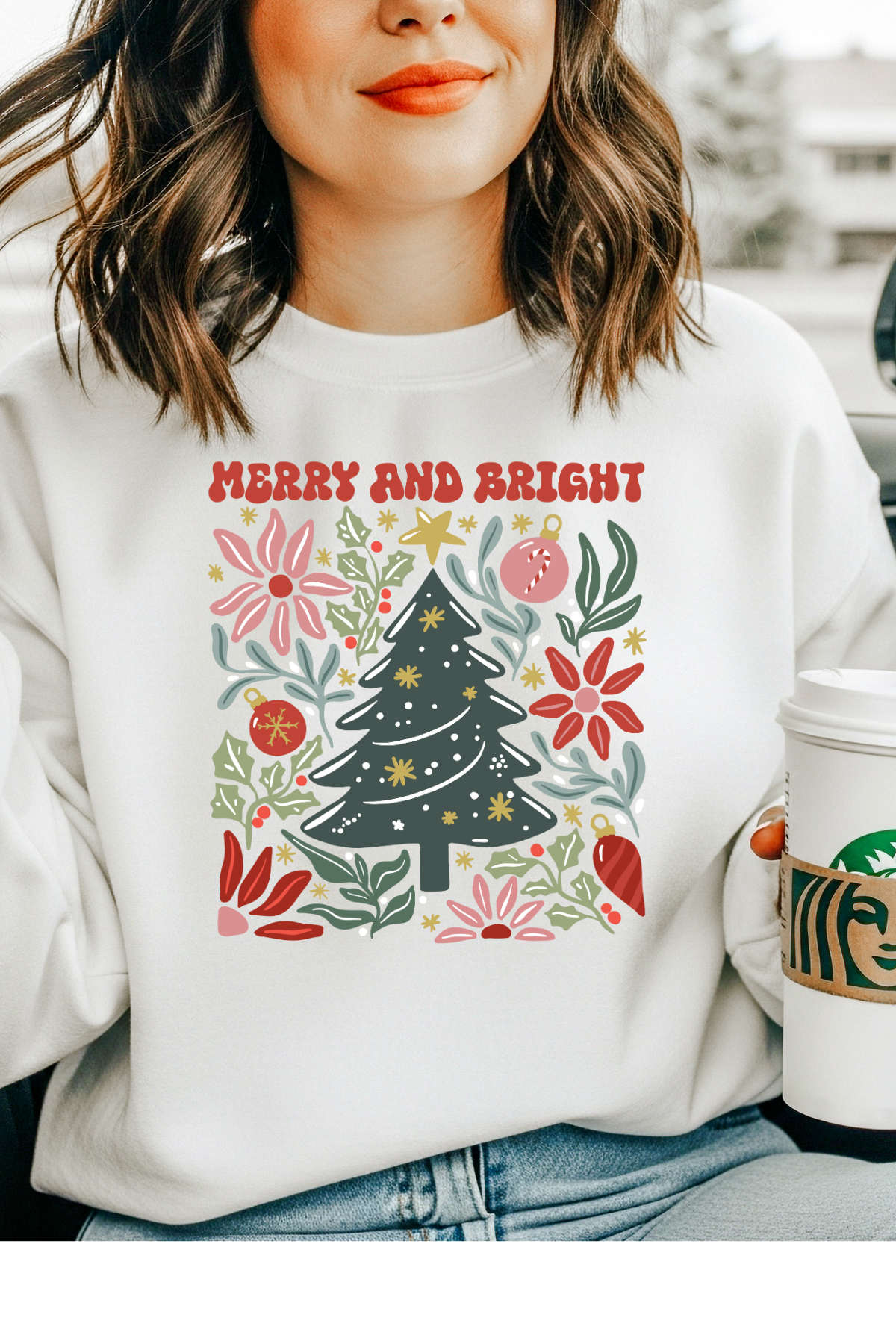 Wholesale Xmas #1 Red - Merry & Bright #2 - White Gildan Sweatshirt