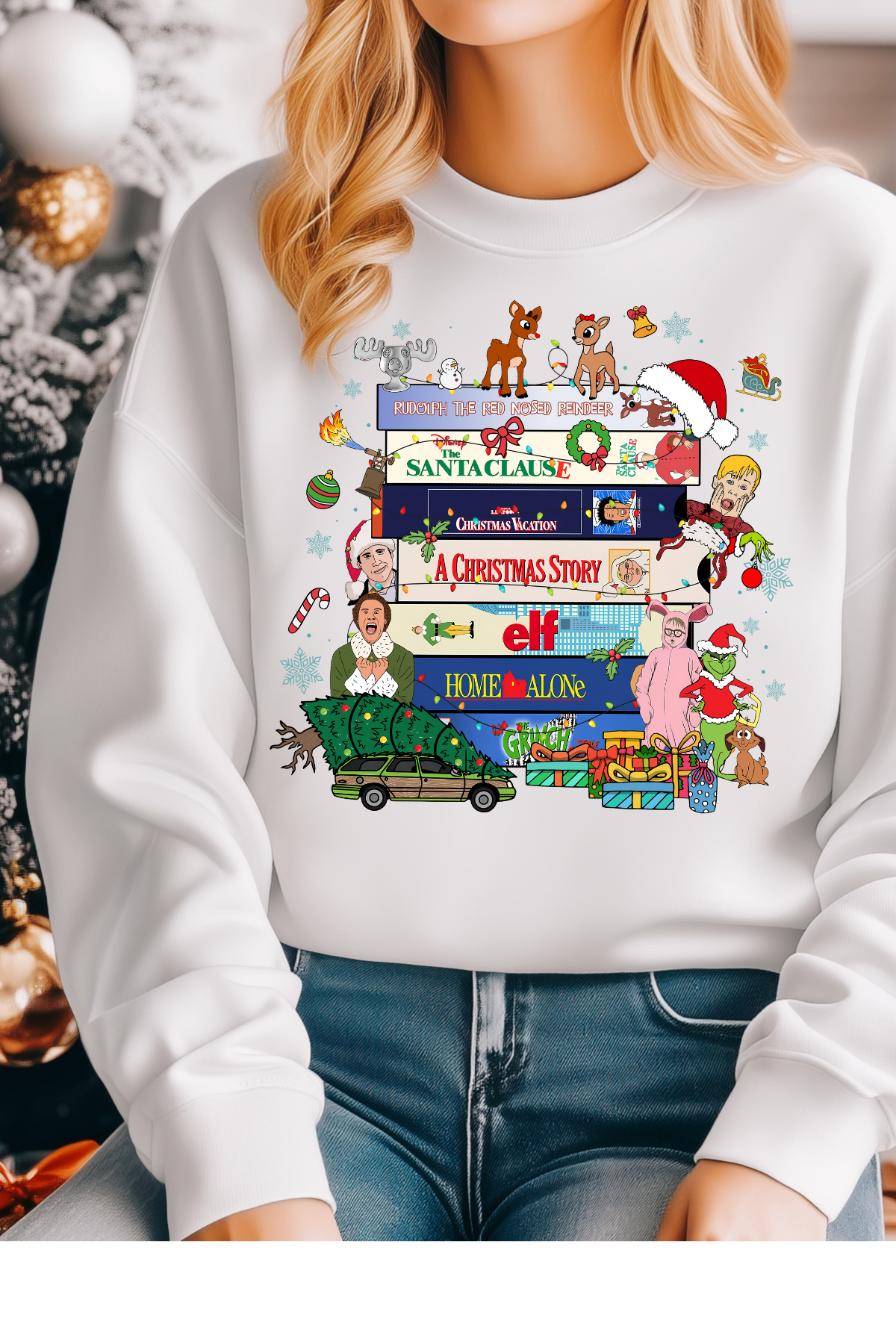 Wholesale Xmas #2 Green - Holiday Movies #1 - White Gildan Sweatshirt