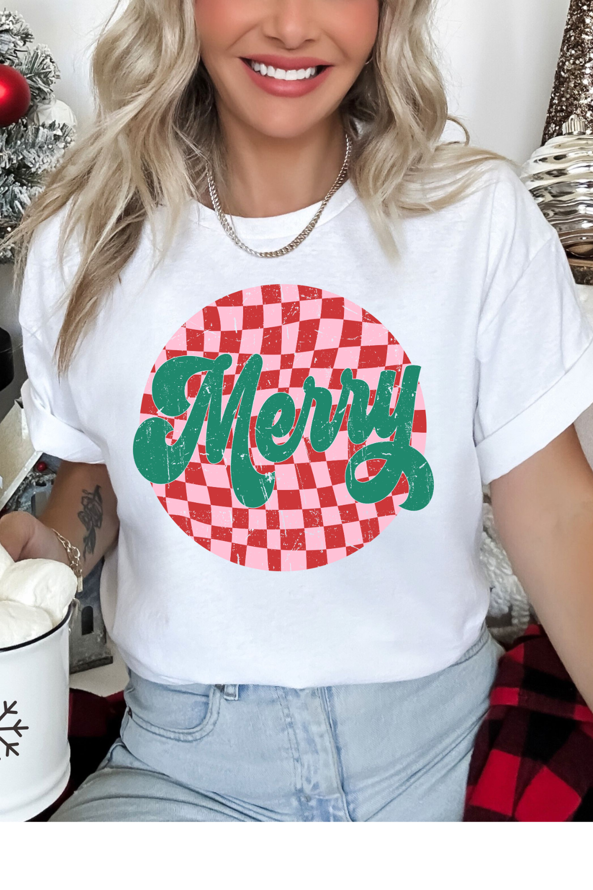Wholesale Xmas #2 Green - Retro Merry #5 - White Gildan Tee