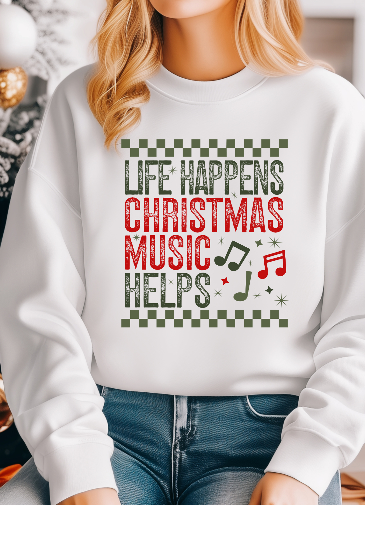 Wholesale Xmas #2 Green - Christmas Music Helps #7 - White Gildan Sweatshirt