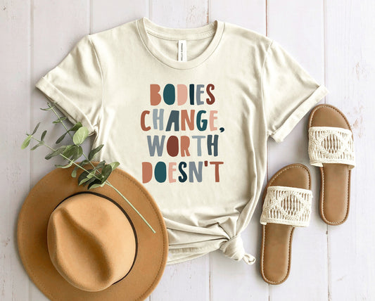 Wholesale Bodies Change, Worth Doesn't Graphic Tee - Heather Sand
