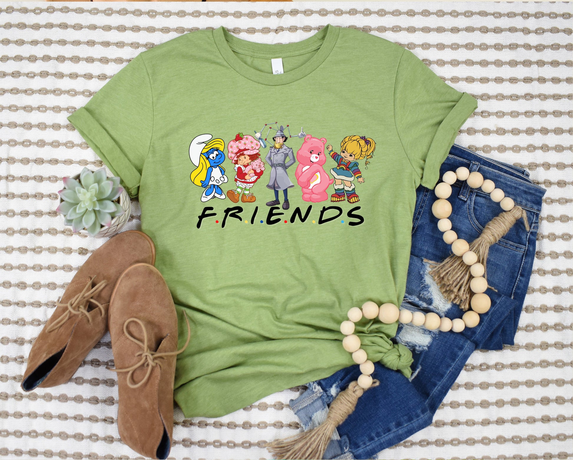 Wholesale Cartoon Friends Graphic Tee - Heather Green