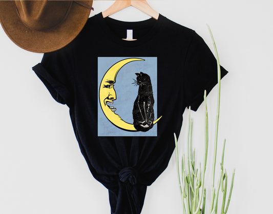 Wholesale Retro Cat & Moon Graphic Tee - Black