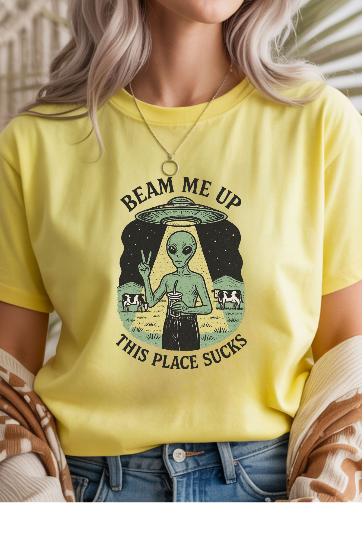 Wholesale Hey Jude - Beam Me Up This Place Sucks - #5 - Cornsilk Gildan Tee