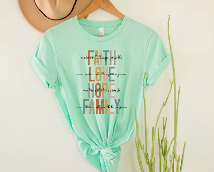 Wholesale Faith Love Hope Family Graphic Tee - Mint