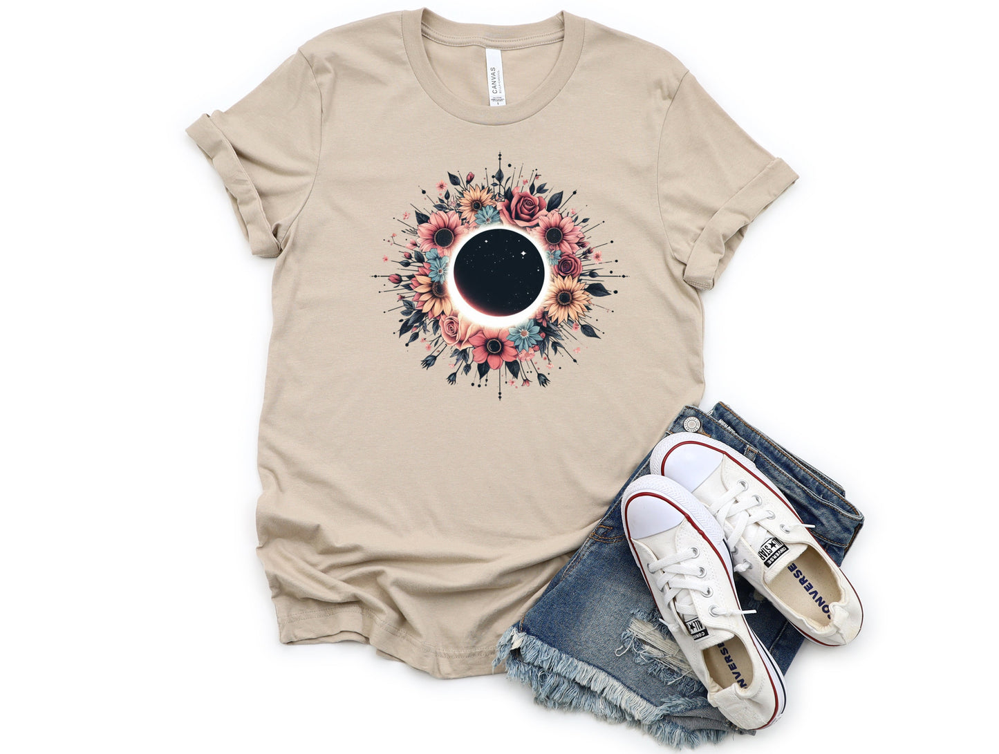 Wholesale Floral Eclipse Graphic Tee - Tan