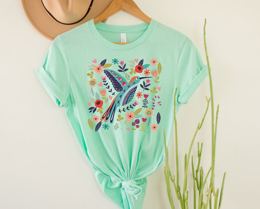 Wholesale Folk Bird Graphic Tee - Mint