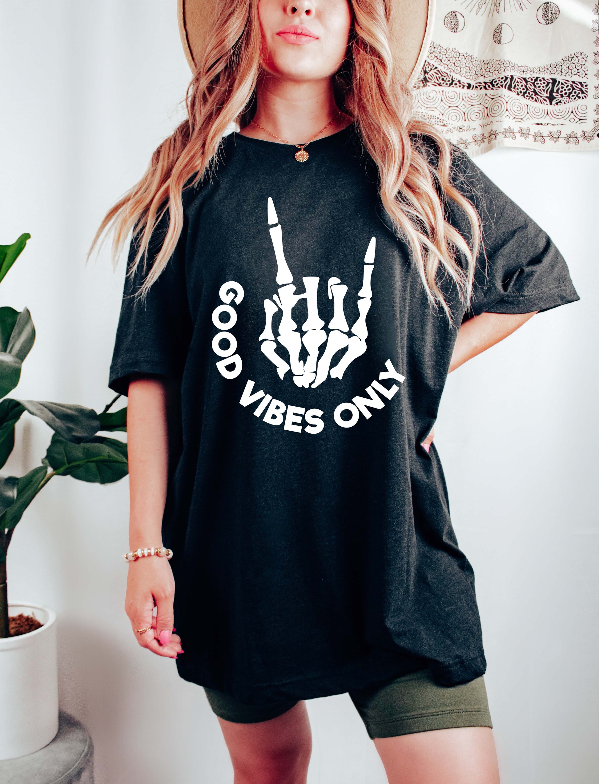 Wholesale Good Vibes Skeleton Graphic Tee - Comfort Colors Black