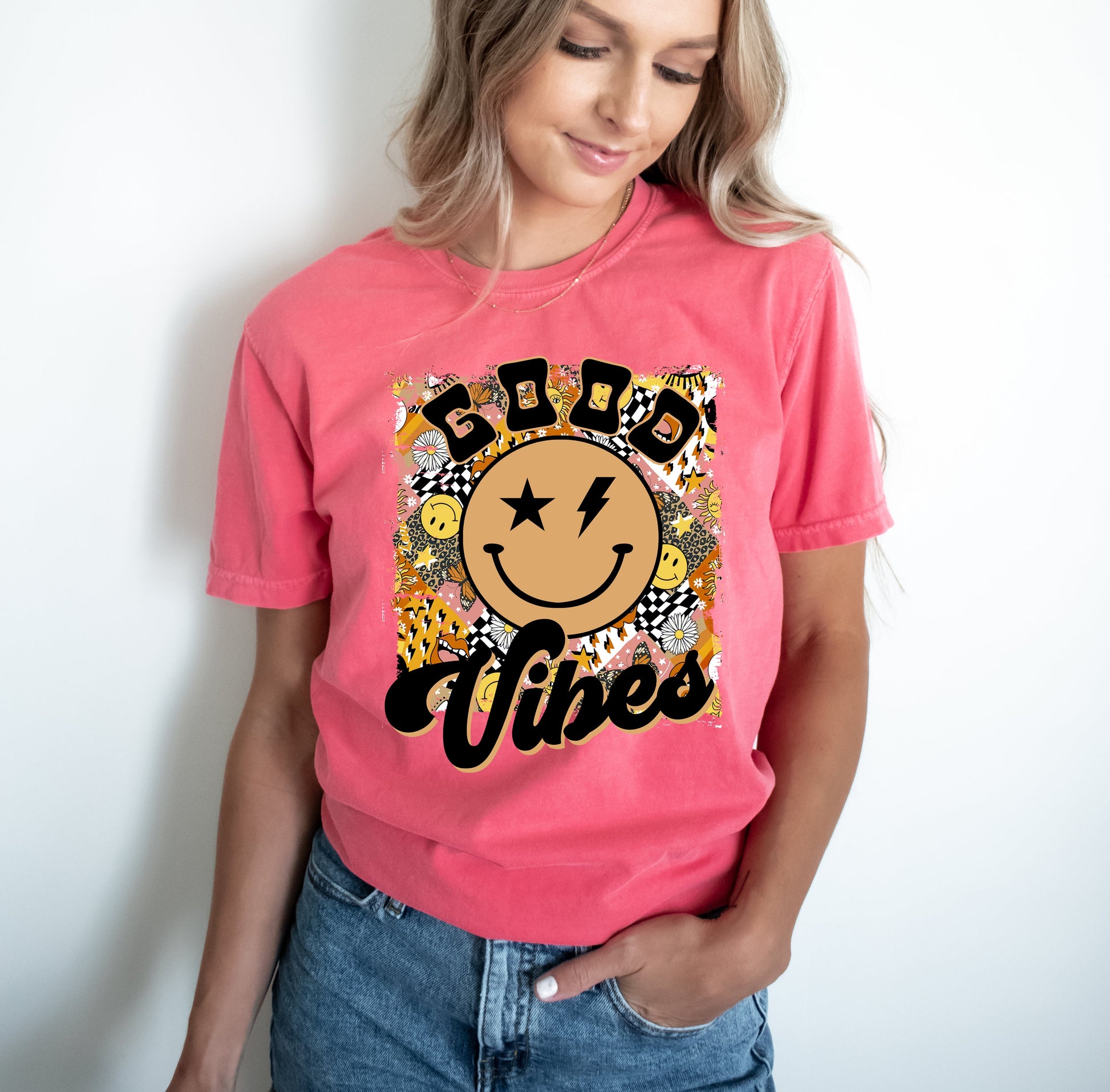 Wholesale Good Vibes Oversized Graphic Tee - Mustard