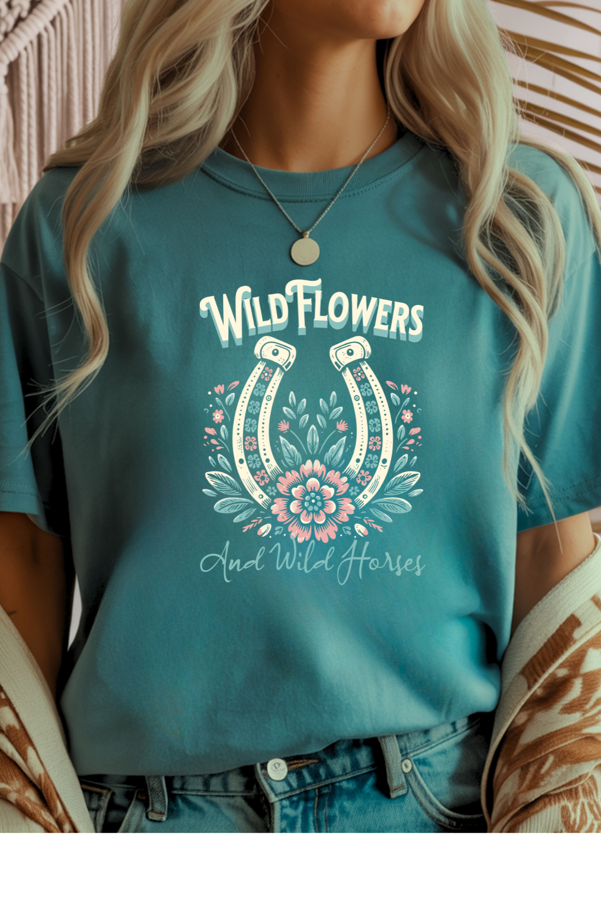 Wholesale Blue Waves - Wild Horses & Flowers #1 - Heather Galapagos Gildan Tee