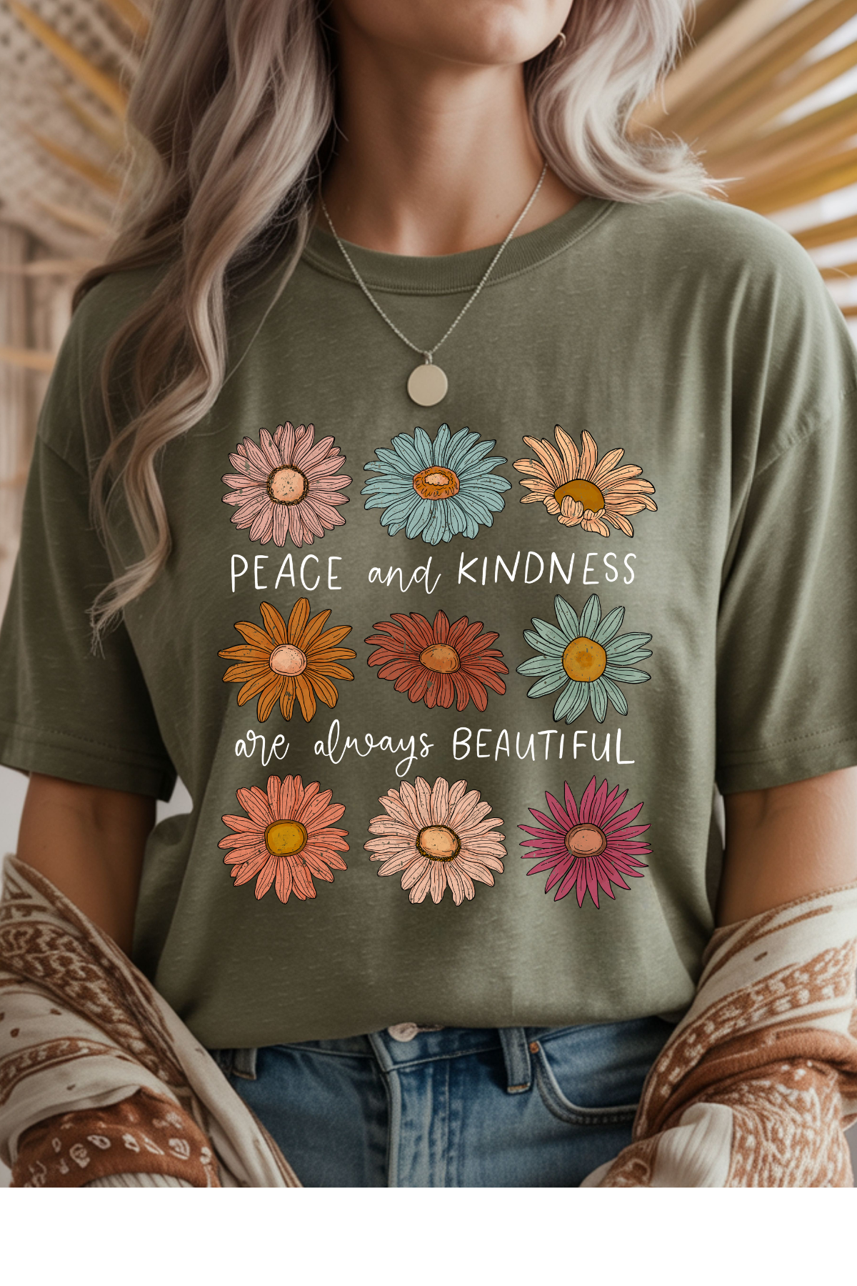 Wholesale Pink - Peace & Kindness #3 - Heather Military Green Gildan Tee