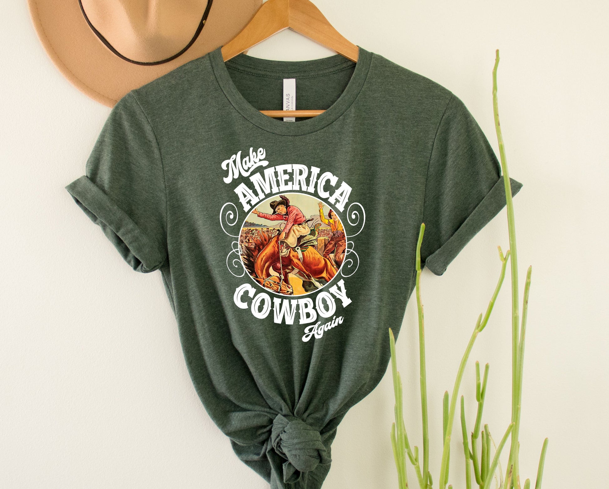 Wholesale Make America Cowboy Again Graphic Tee - Heather Forest
