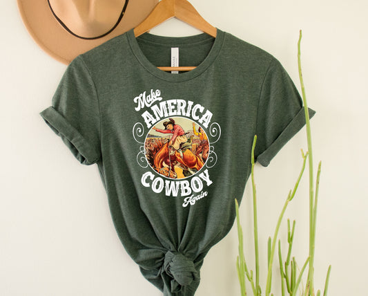 Wholesale Make America Cowboy Again Graphic Tee - Heather Forest
