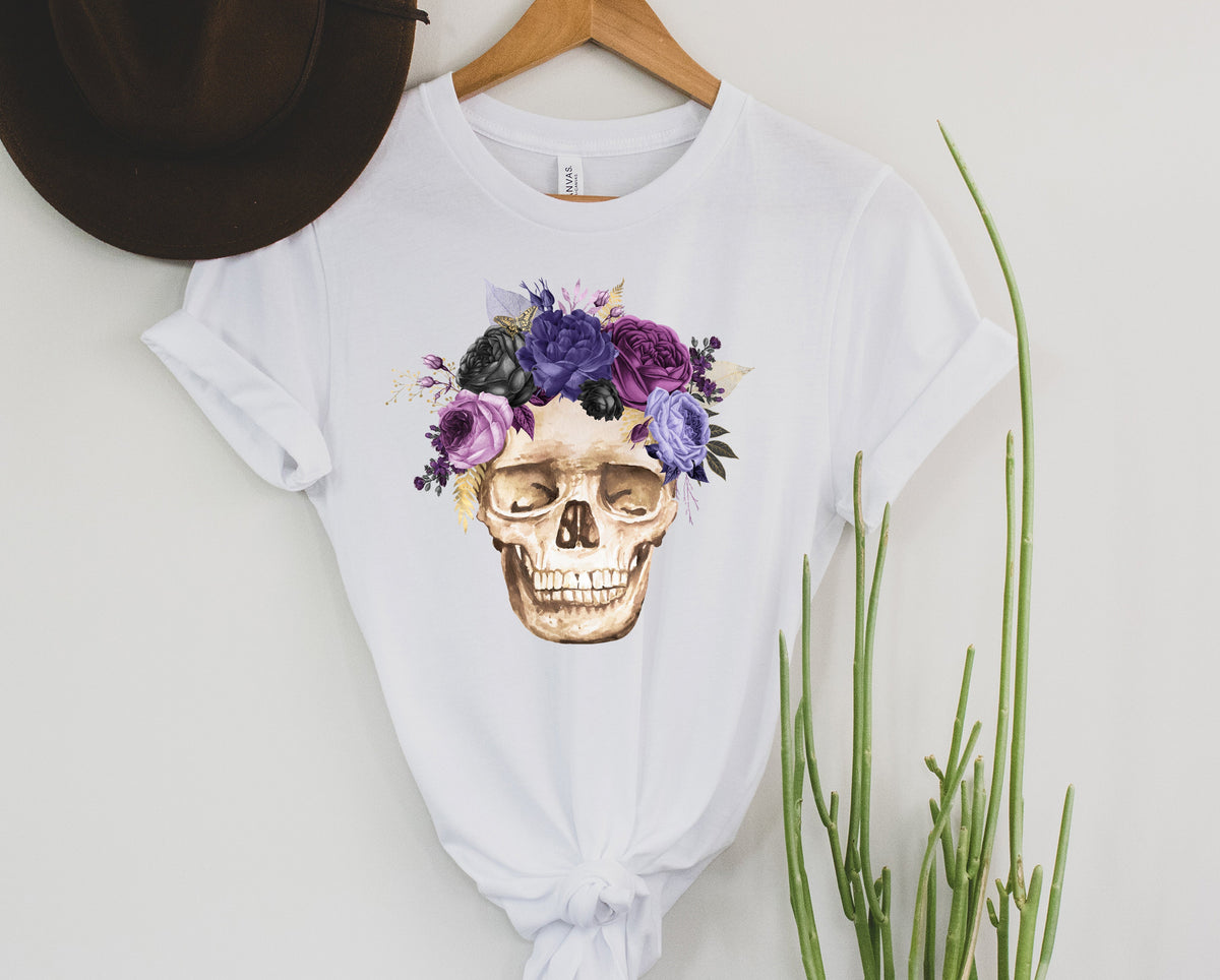 Wholesale PURPLE Floral Skull Graphic Tee - White