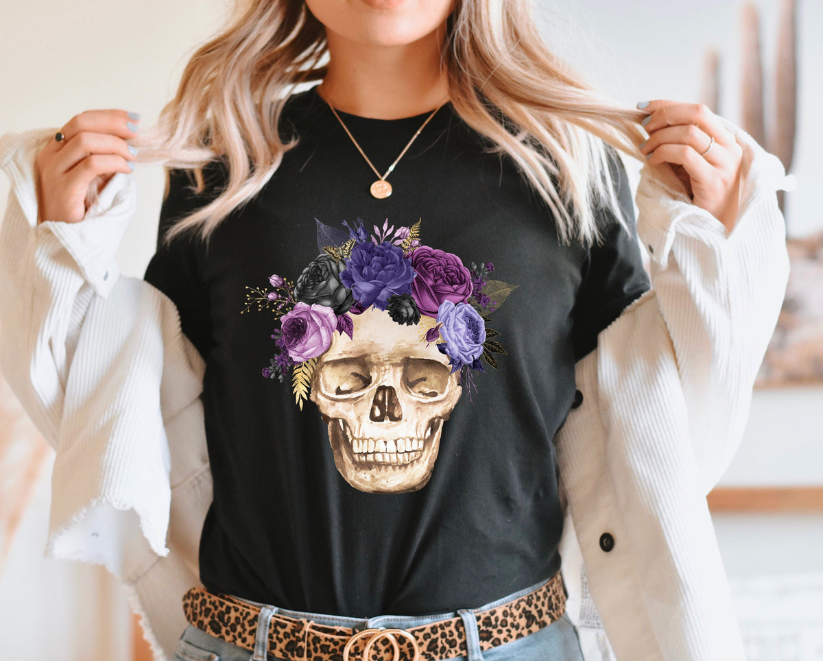 Wholesale PURPLE Floral Skull Graphic Tee - Black