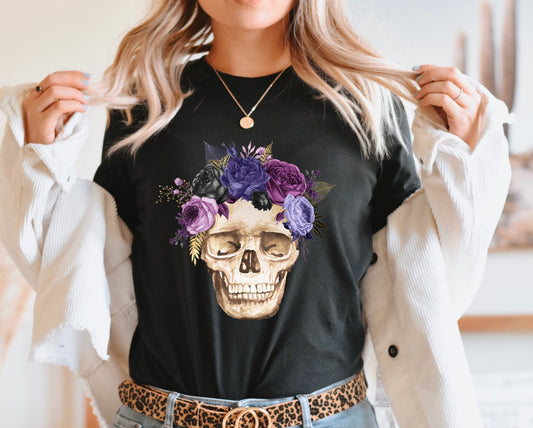Wholesale PURPLE Floral Skull Graphic Tee - Black