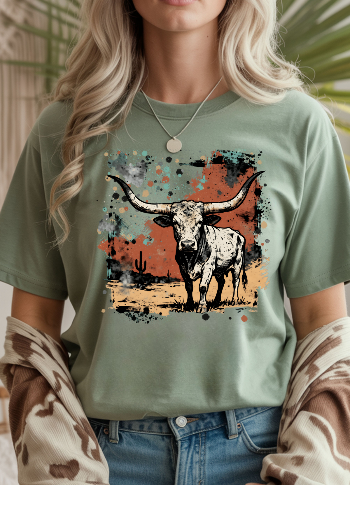 Wholesale Rooted in Spring - Painted Longhorn #1 - Sage Gildan Tee