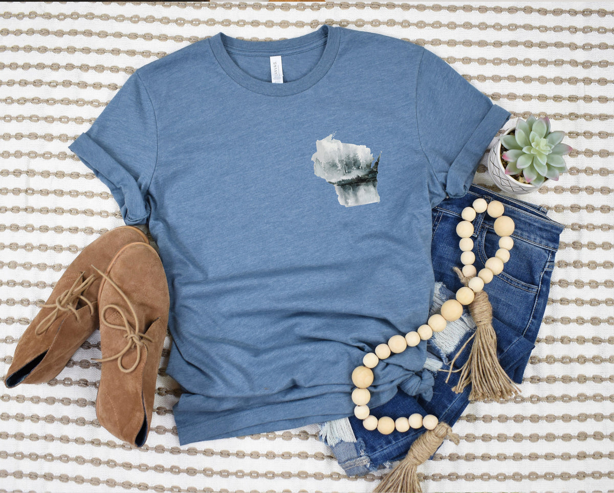 Wholesale Watercolor WI pocket print Graphic Tee - Heather Slate