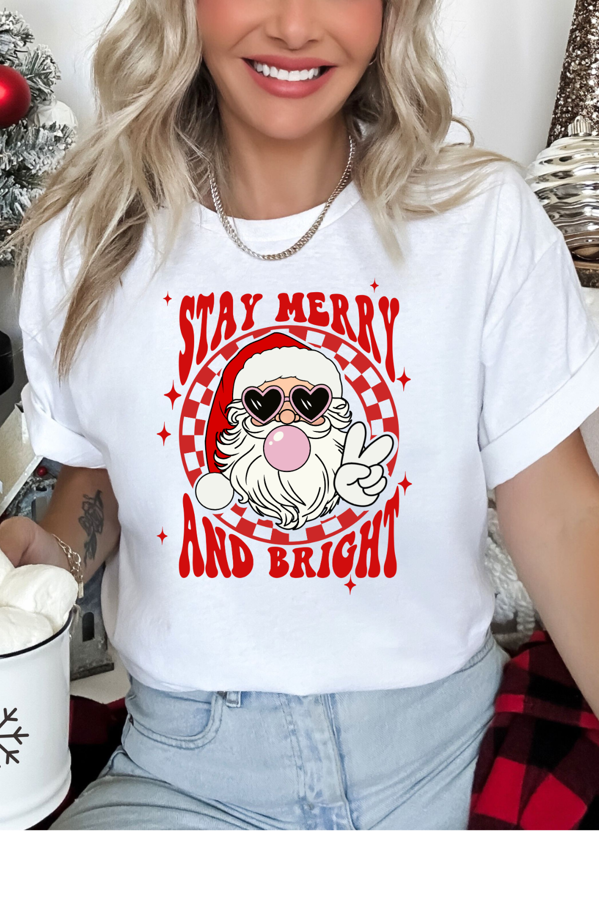 Wholesale Xmas #2 Green - Stay Merry and Bright #3 - White Gildan Tee
