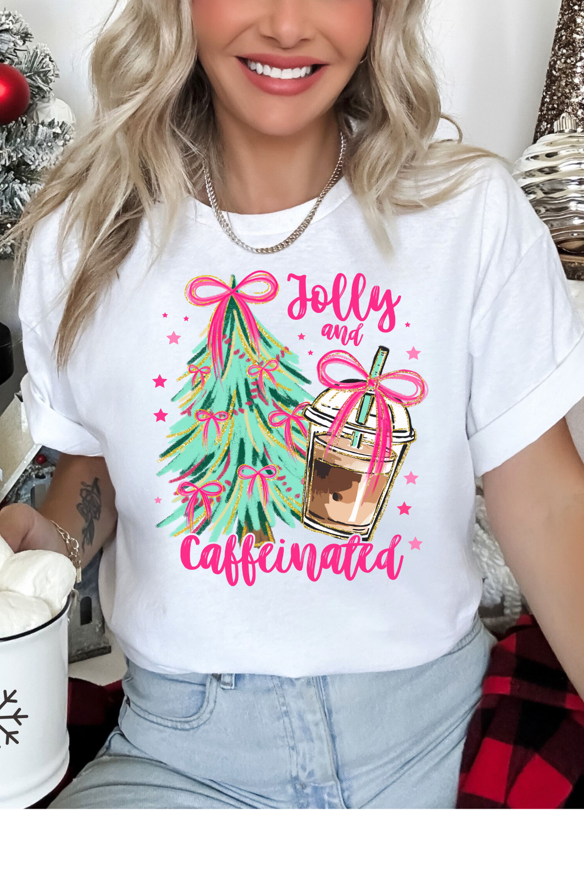 Wholesale Xmas #2 Green - Be Jolly & Caffeinated #6 - White Gildan Tee