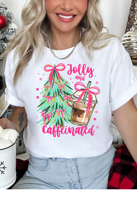 Wholesale Xmas #2 Green - Be Jolly & Caffeinated #6 - White Gildan Tee
