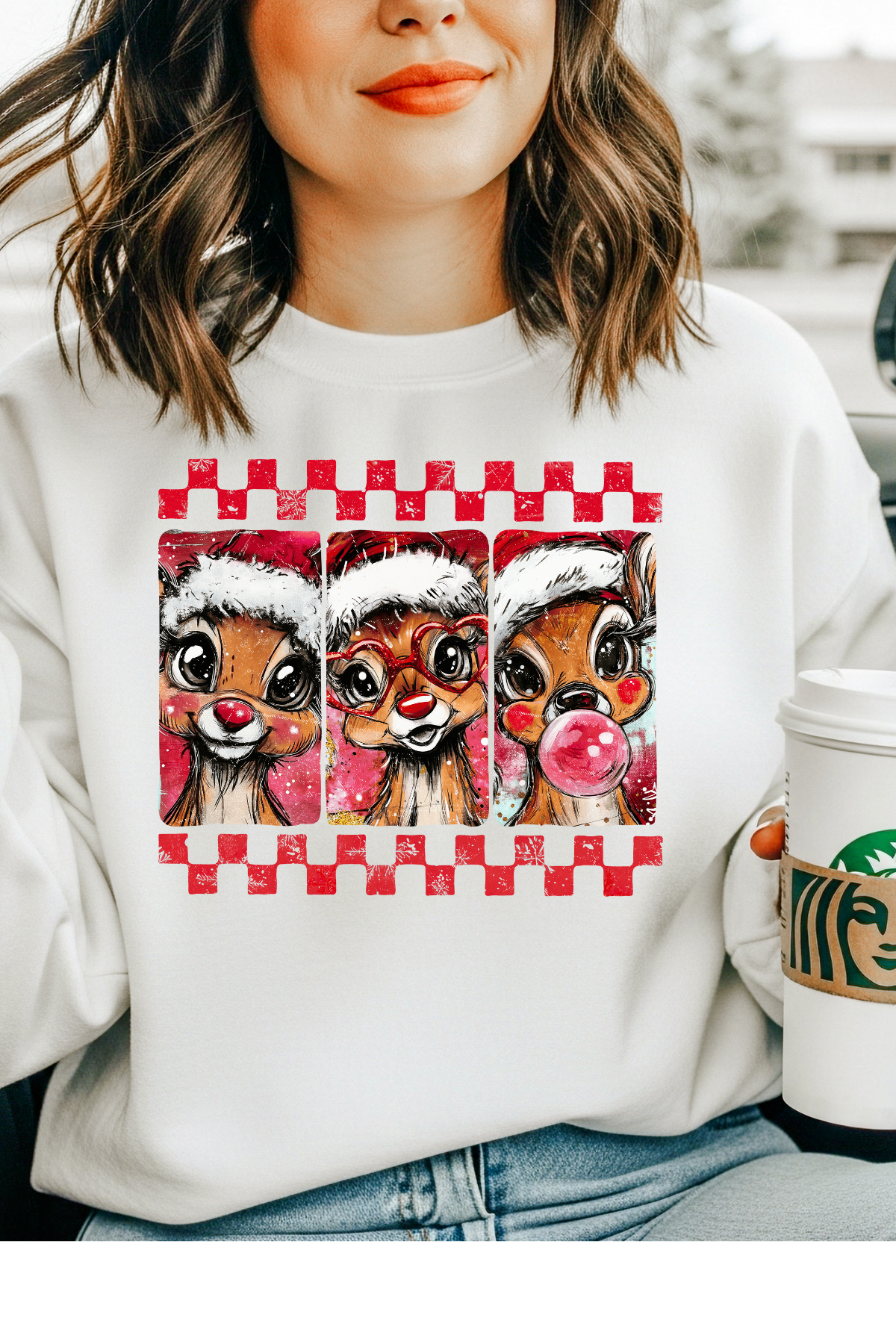 Wholesale Xmas #2 Green - Christmas Reindeer #8 - White Gildan Sweatshirt
